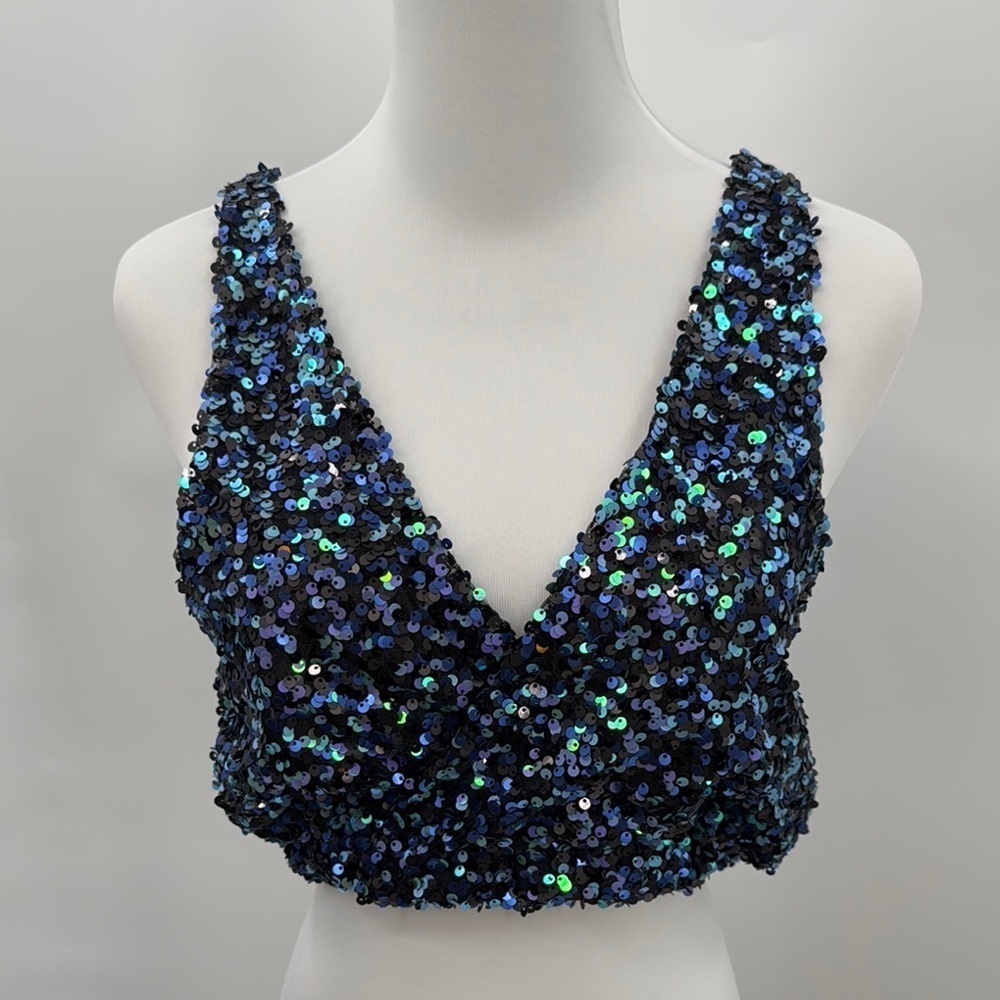 Intimately by Free People Size M Blue Sequined Party Top with Plunge V-Neckline